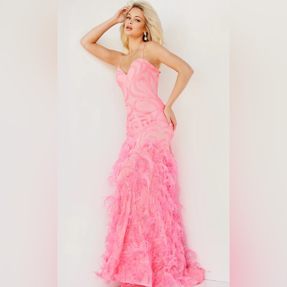 Jovani hot pink embellished feather gown